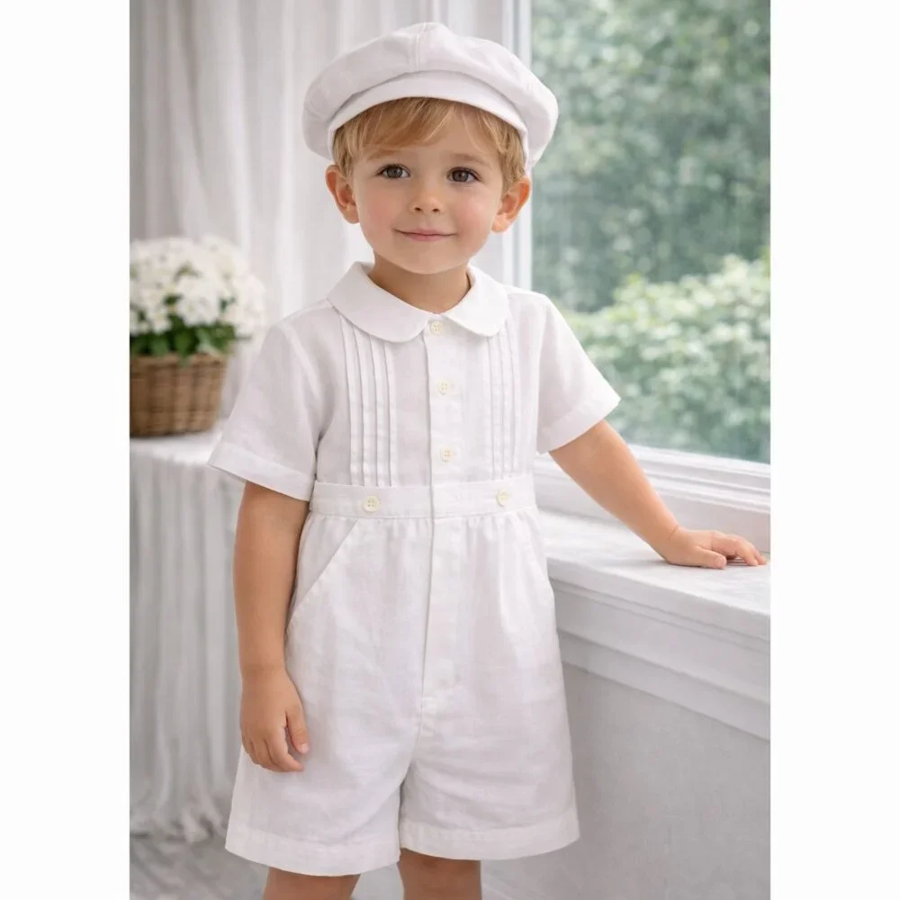 White Linen Dressy Romper & Hat Boutique Boy Special Occasion 3/6 Month New